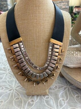 Stella & Dot "Natalie" Statement Necklace Reversible Black Leather Cobalt